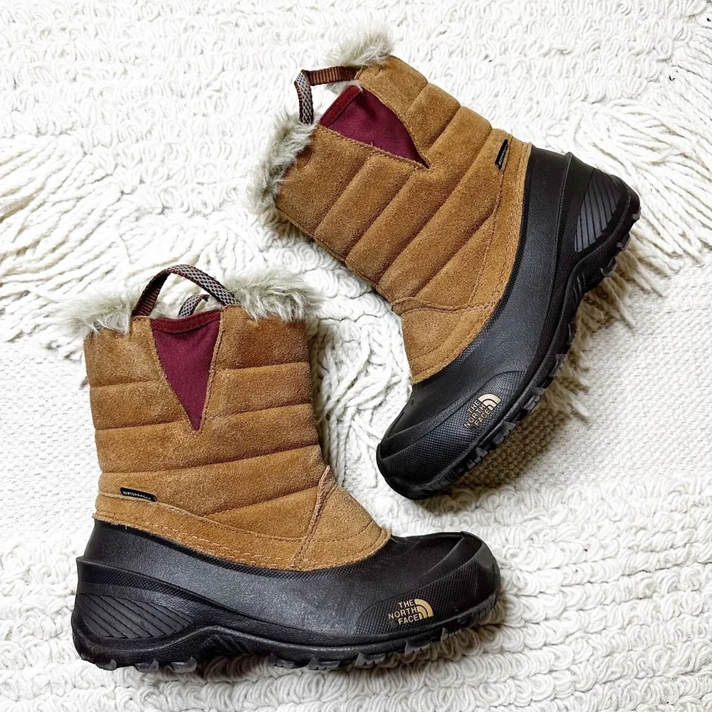 NORTH FACE girls’ brown suede leather faux fur lined Shellista snow boots 3